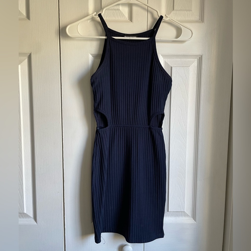 PrettyLittleThing sleeveless navy blue ribbed dress with side cut outs
